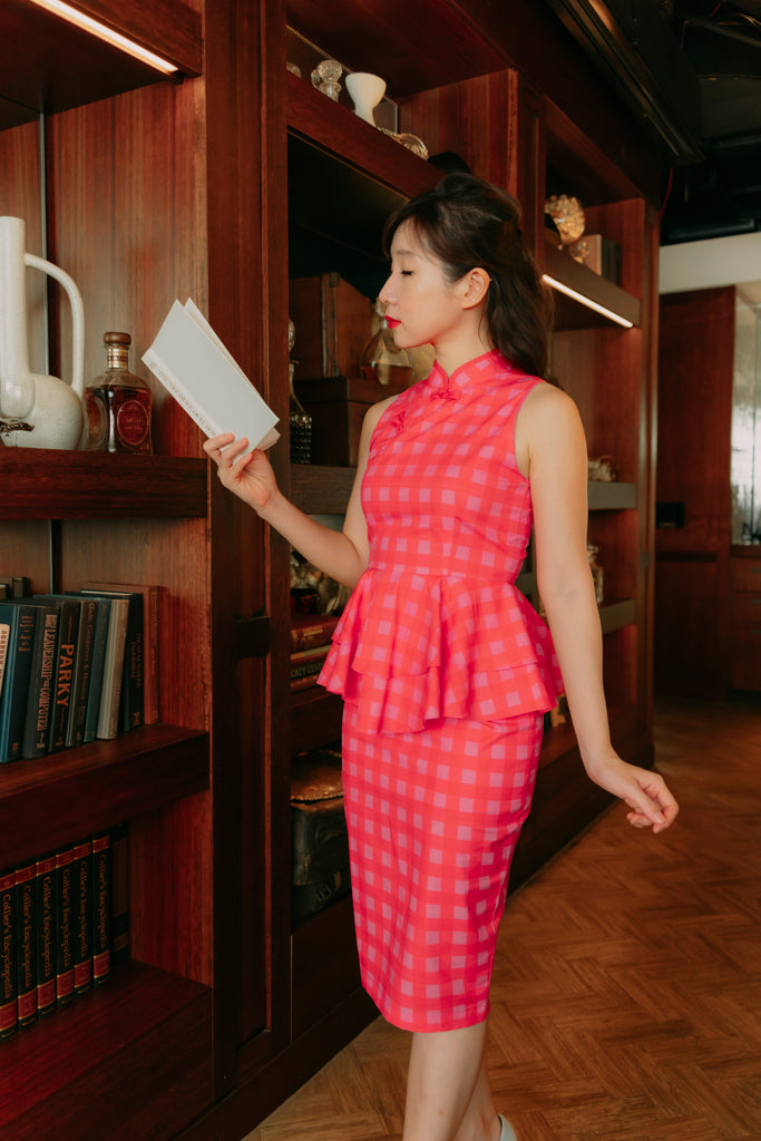 Red and Pink Gingham Yu Yan 2 Piece Cheongsam