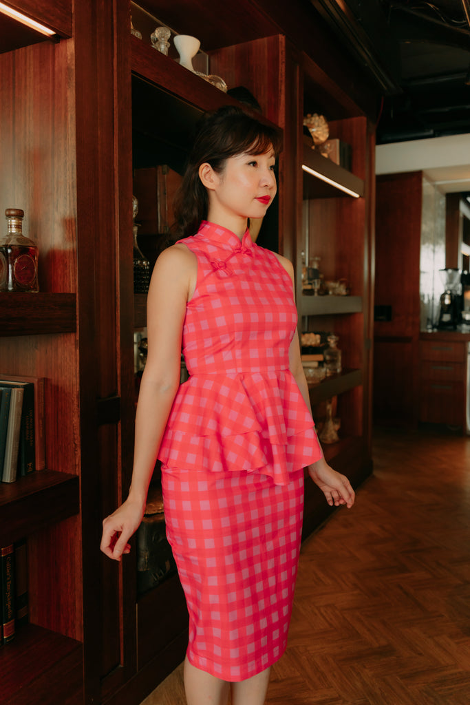 Red and Pink Gingham Yu Yan 2 Piece Cheongsam